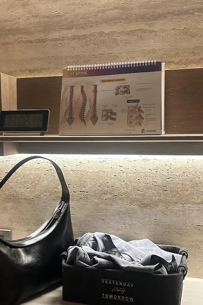 A spine illustration booklet on a shelf above personal bags.