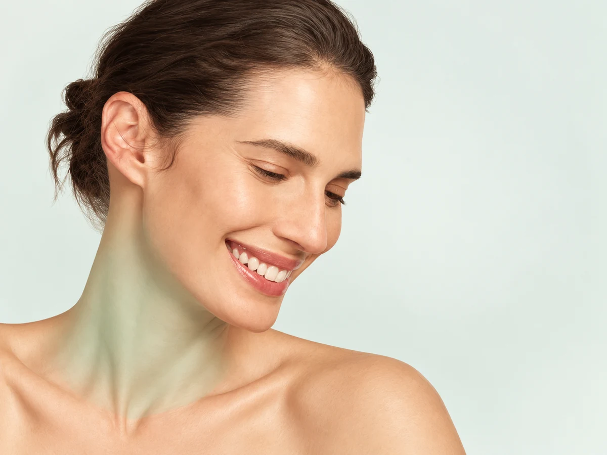 Neck illustration highlighting the skin below the jaw and above the collarbones