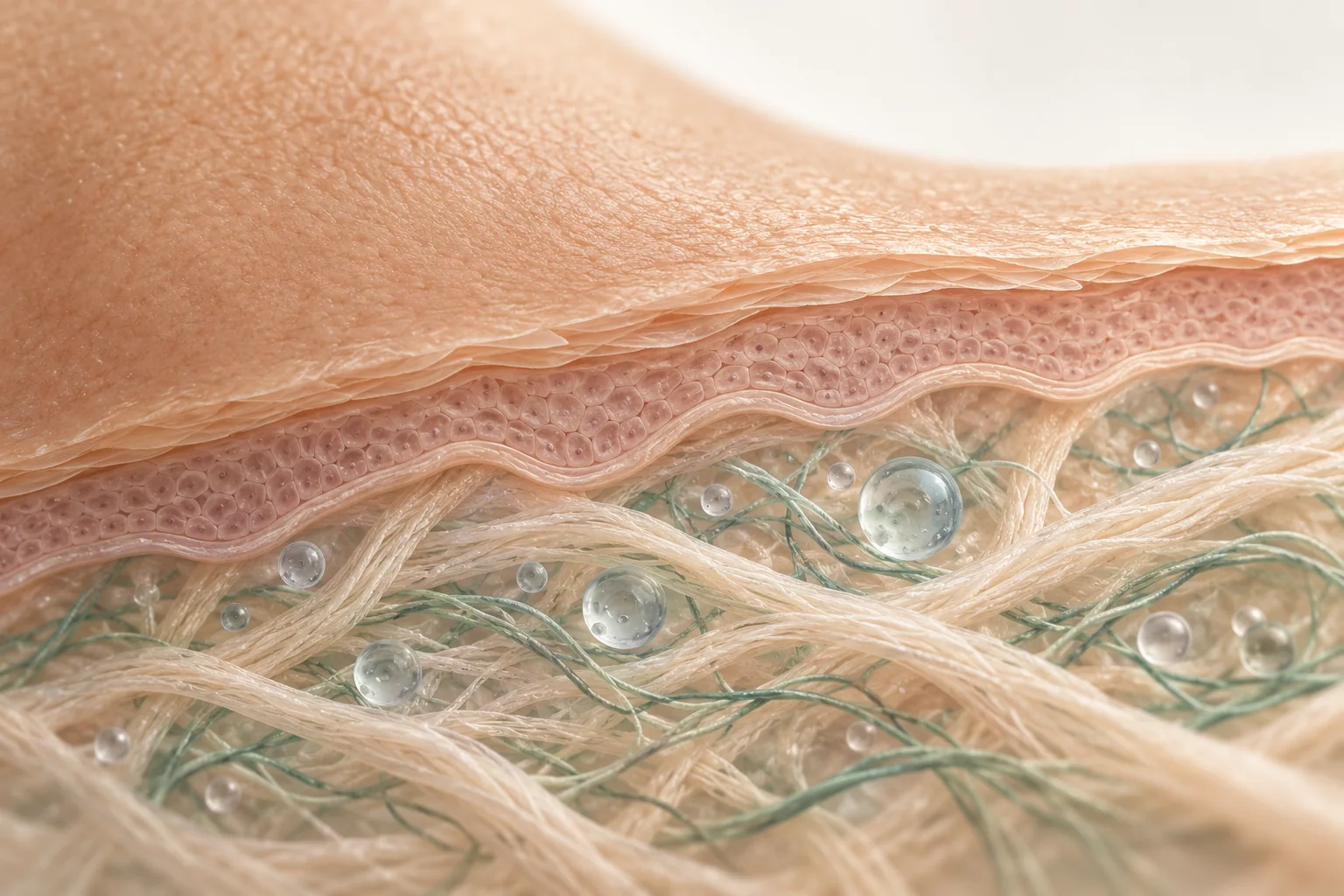 Concept illustration of skin layers, surface texture, fibres and hydration