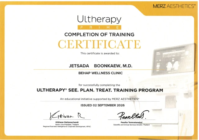 ใบรับรองการผ่านอบรม Ultherapy SEE. PLAN. TREAT. ของ Jetsada Boonkaew, M.D.