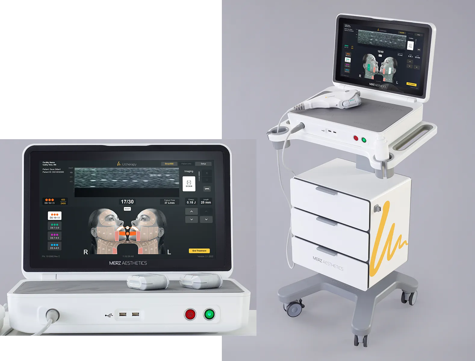 เครื่อง Ultherapy PRIME และหน้าจอแสดงภาพชั้นเนื้อเยื่ออัลตราซาวนด์