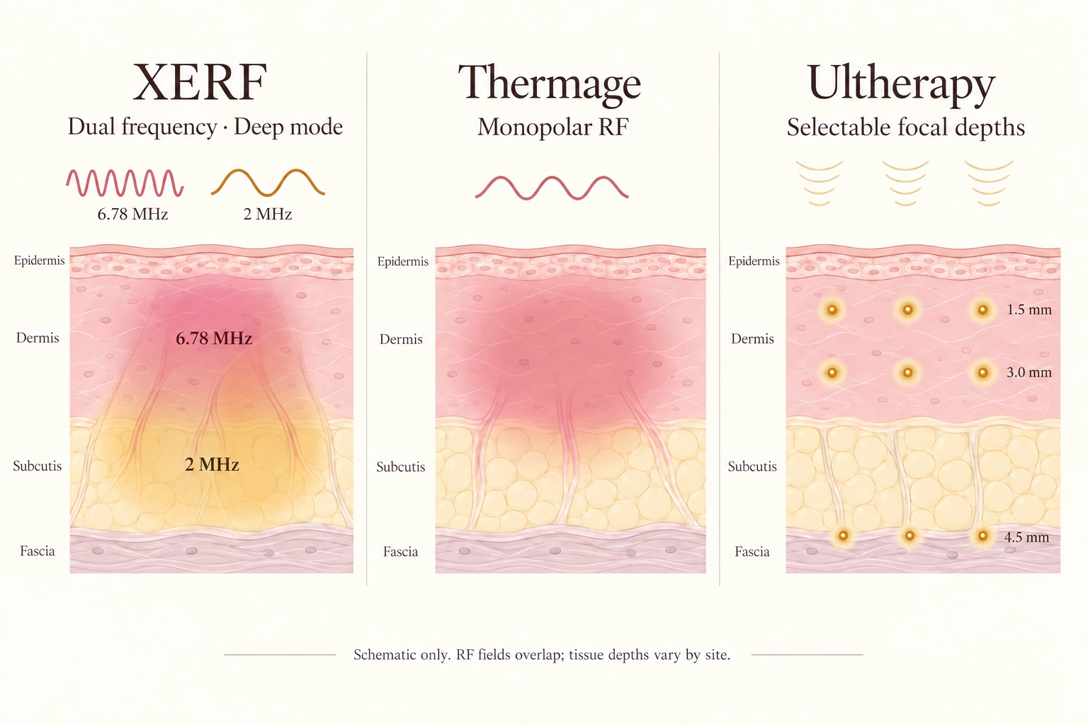 Schematic XERF Deep-mode 6.78 and 2 MHz overlapping distributions, Thermage tissue heating and selectable Ultherapy focal depths