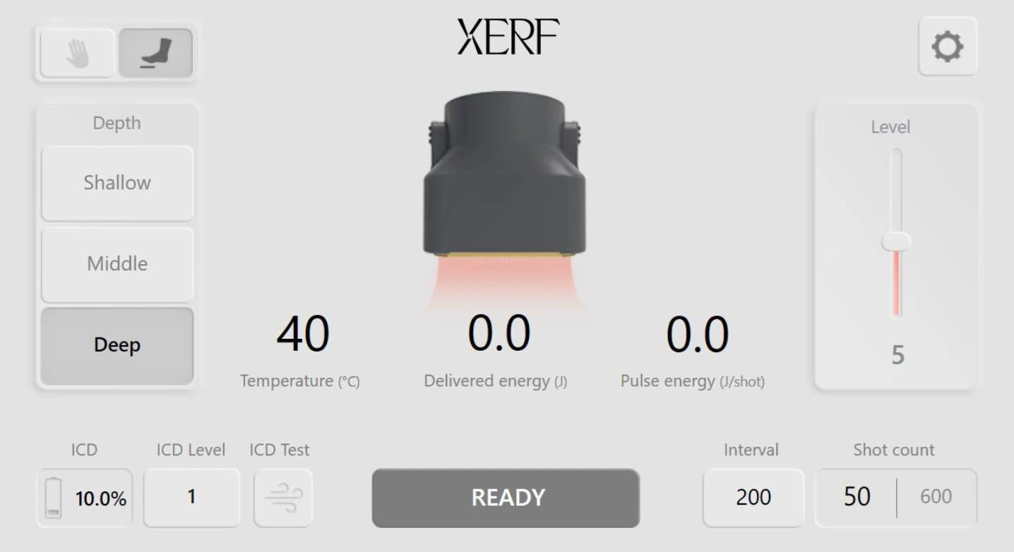 Example XERF interface showing mode, tip temperature, energy and cooling settings