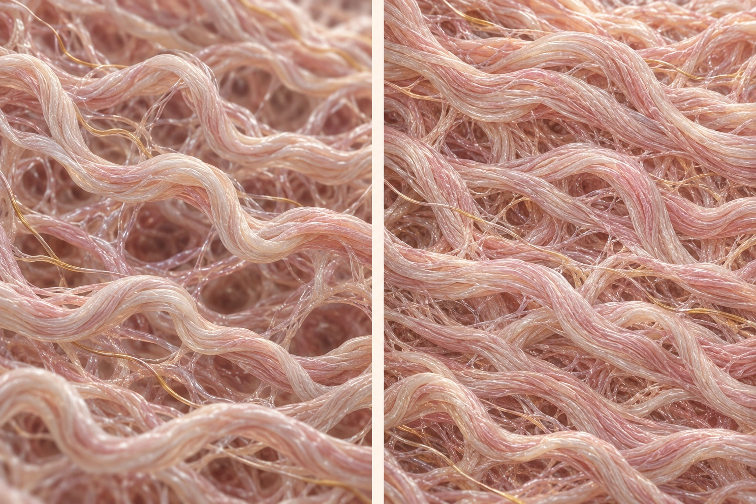 Hyperrealistic 3D concept comparing a looser collagen network with a more compact and interconnected remodelled network
