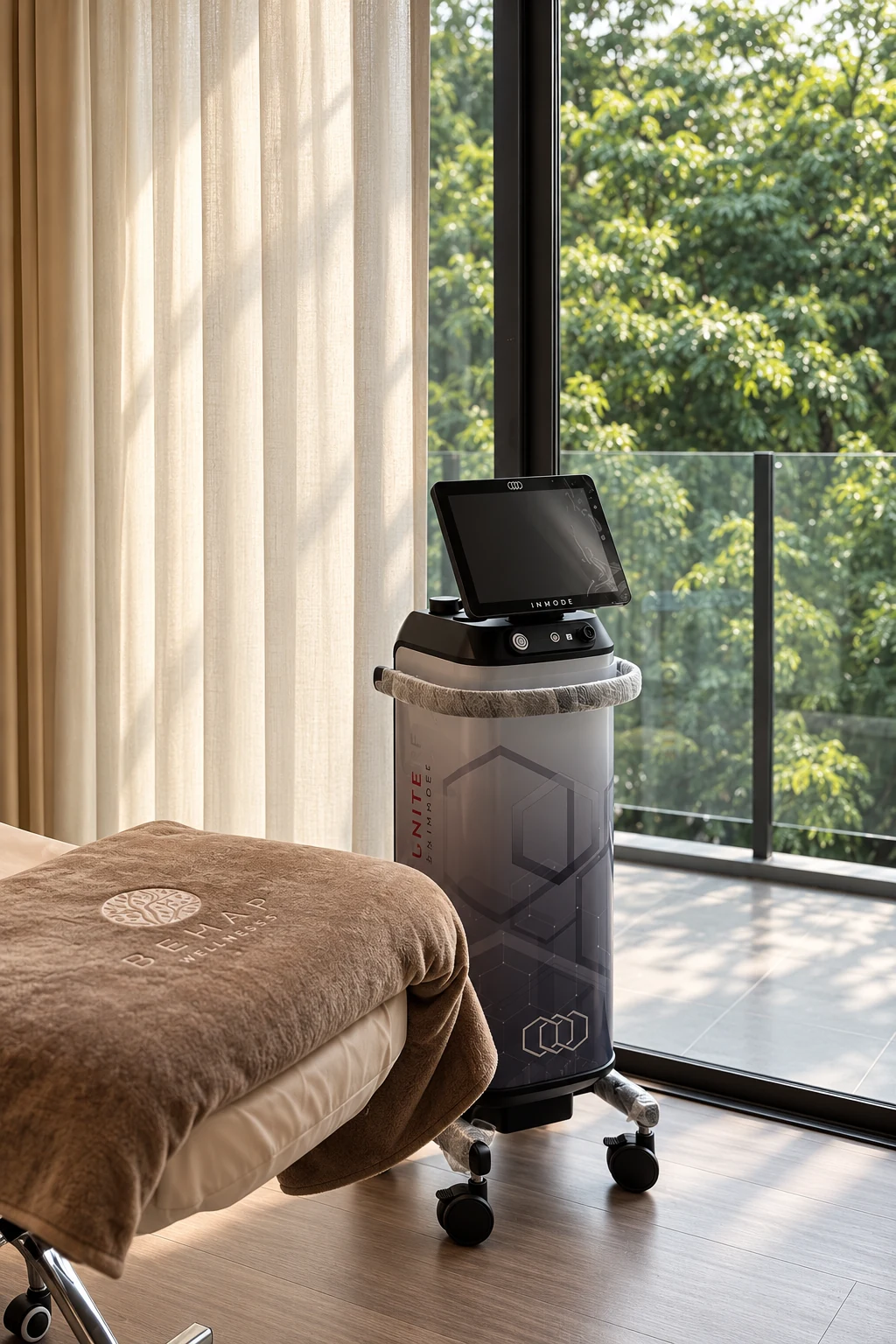 Aesthetic device beside a treatment bed with a BEHAP towel and sunlit window