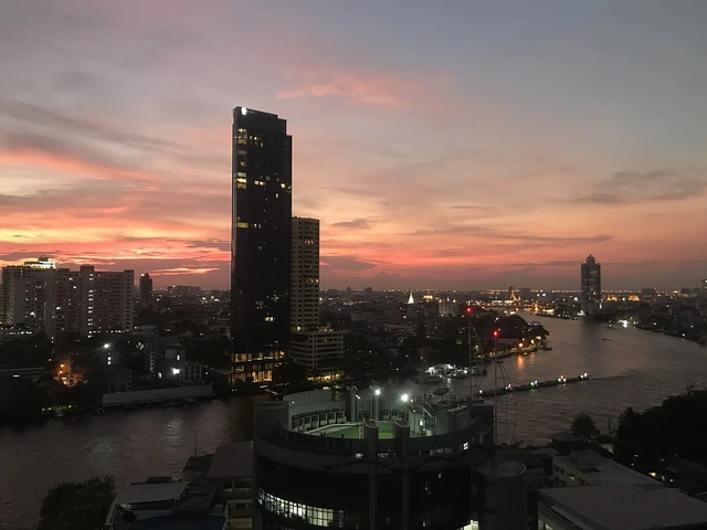 Bangkok city skyline and the Chao Phraya River at sunset