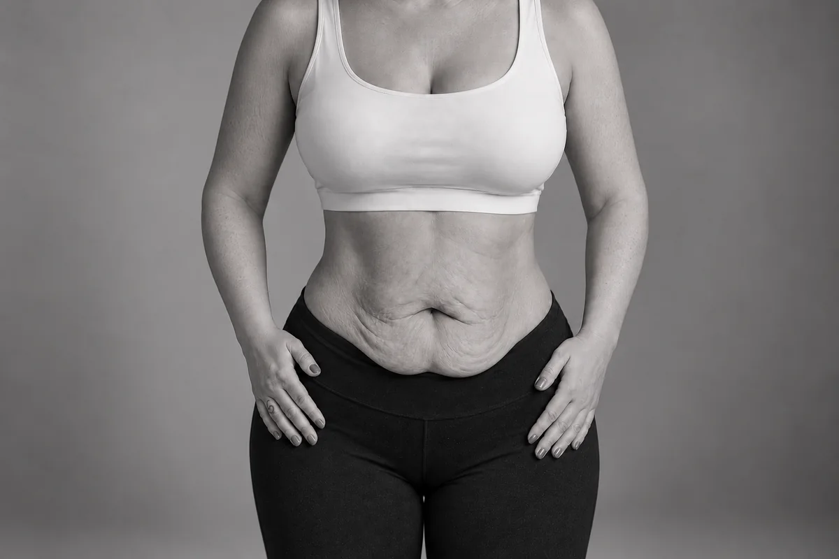 Black-and-white illustration of a woman’s torso showing loose abdominal skin