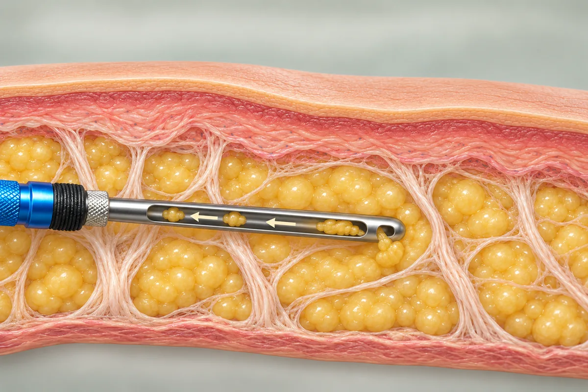 Illustration of fat entering a side opening in a suction cannula, with arrows showing its removal through the tube