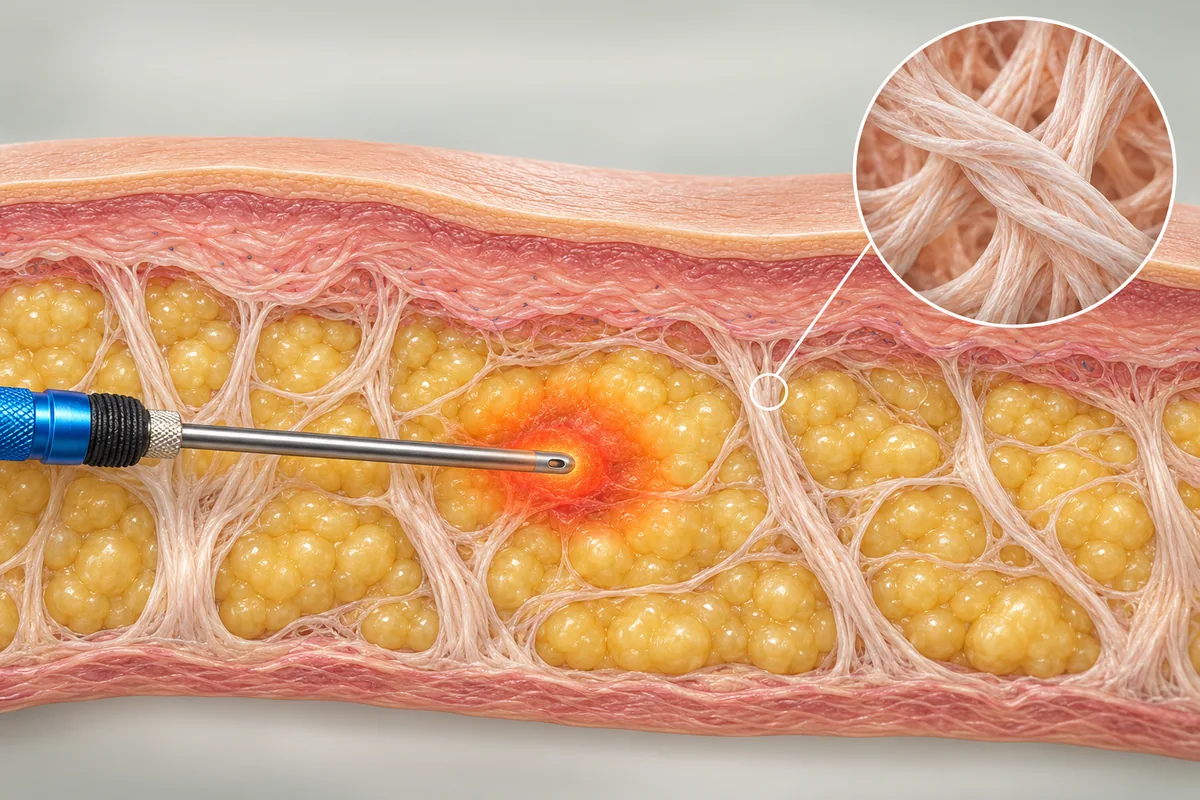 Illustration of skin layers and collagen fibres, showing the area heated by subdermal RF